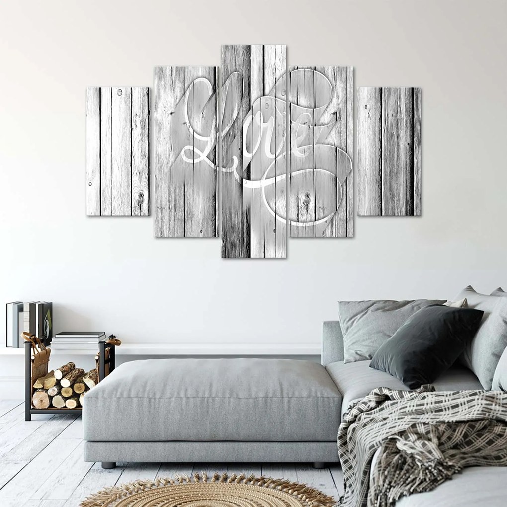 Gario Vászonkép Love írva szürke vízszintes táblákra - 5 részes Méret: 150 x 100 cm