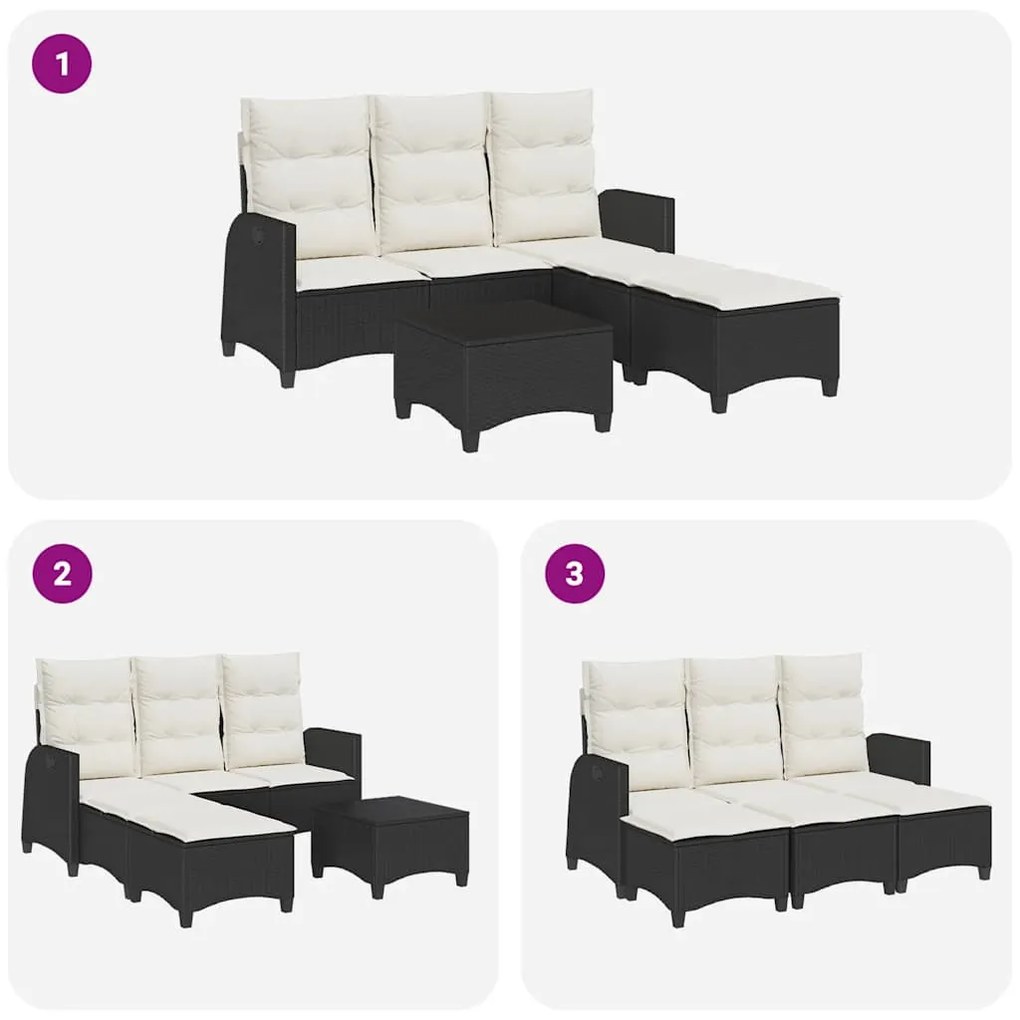 3 részes fekete polyrattan kerti ülőgarnitúra párnával L-alakú