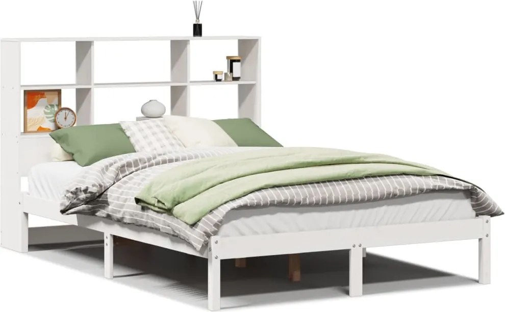 vidaXL fehér tömör fenyőfa könyvespolcos ágy matrac nélkül 140x190 cm