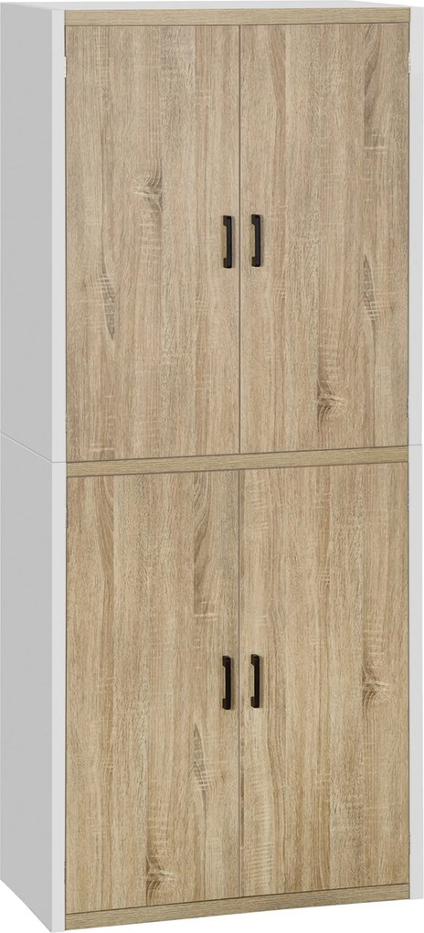 HOMCOM Konyhai Spájz Szekrény 4 Állítható Polccal, MDF Konyhai Szekrény, 4 Ajtóval és Felbillenésgátlóval, 80x40x182cm, Természetes Fa és Fehér | Aoso