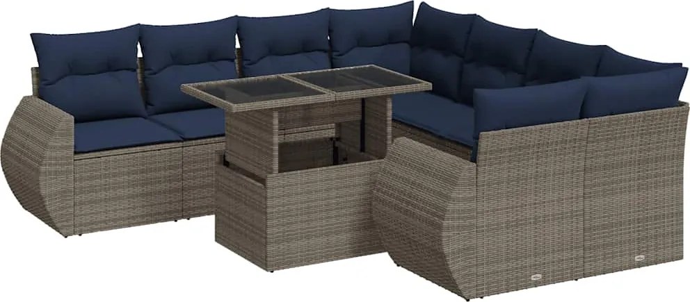 vidaXL 9 részes szürke polyrattan akácfa kerti ülőgarnitúra párnákkal