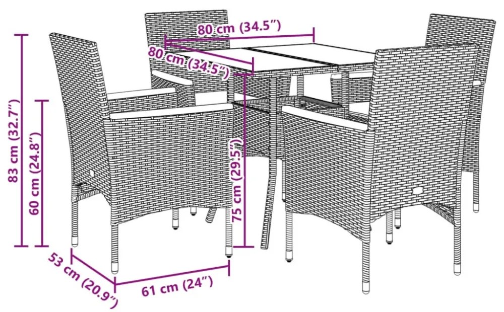 vidaXL 5 részes bézs polyrattan/akácfa kerti étkezőgarnitúra párnákkal