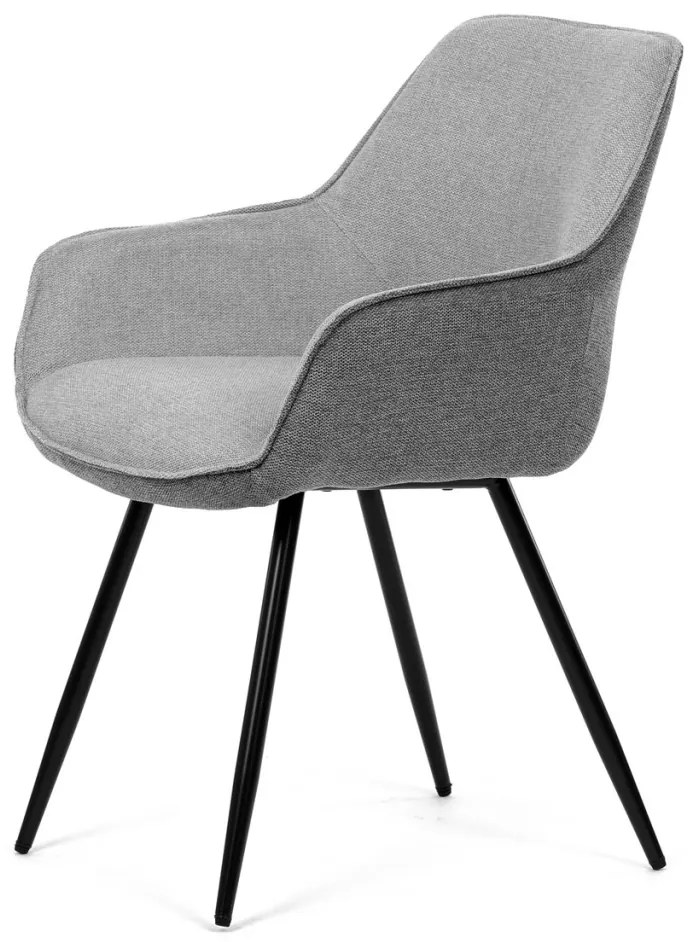 Scaun de sufragerie modern, în stil industrial, tapițerie din material gri, picioare din metal negru.