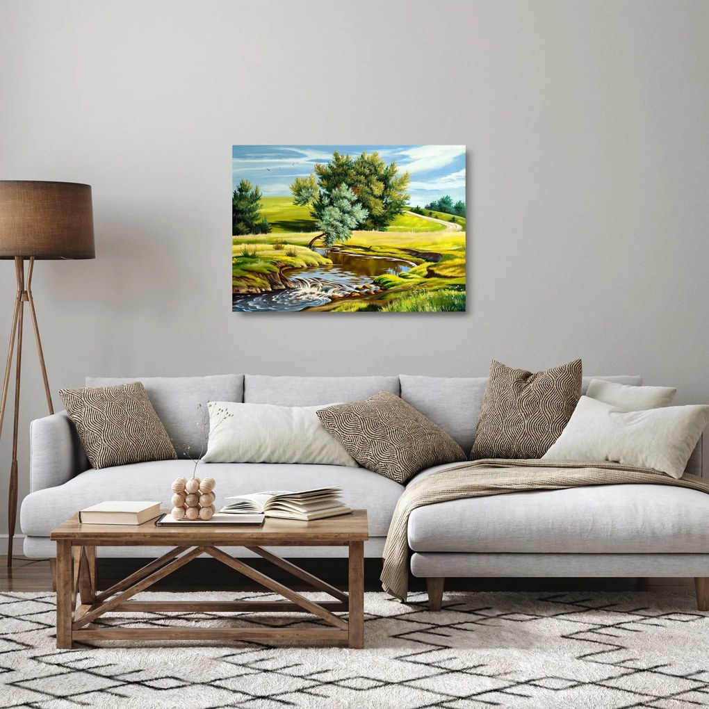 Kép - folyó a rétek között,, olajfestmény (üvegen) (70x50 cm)
