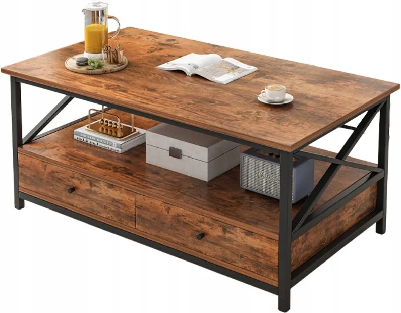 Pad Asztal Fa Dohányzóasztal Loft Ipari Fiókos Nappali Asztal 100CM