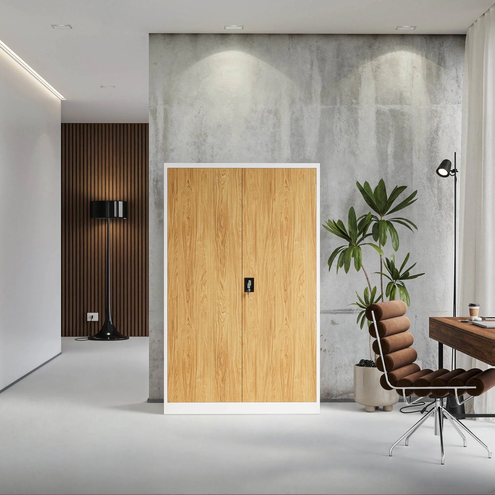 Fém irodai iratszekrény, széles, fehér/arany tölgy, 1150x1850x400 mm: JAN II Eco Design