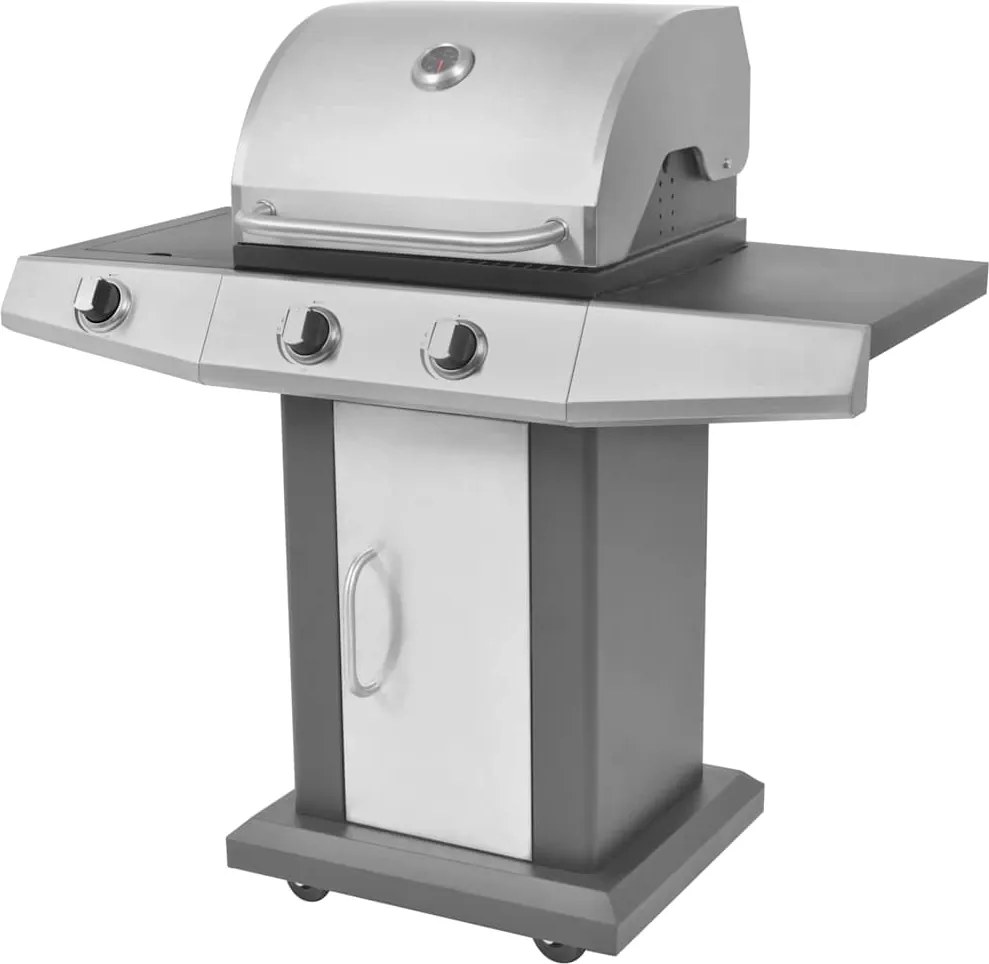 vidaXL Gáz Grillsütő kerékkel ajtóval Ezüst Acél fém tömlővel