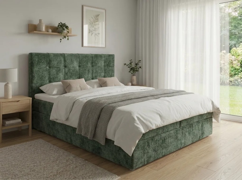 Kárpitozott boxspring ágy DIRELIS VIBE 140x200 cm sötétzöld Matrac: Bonell rugós matrac