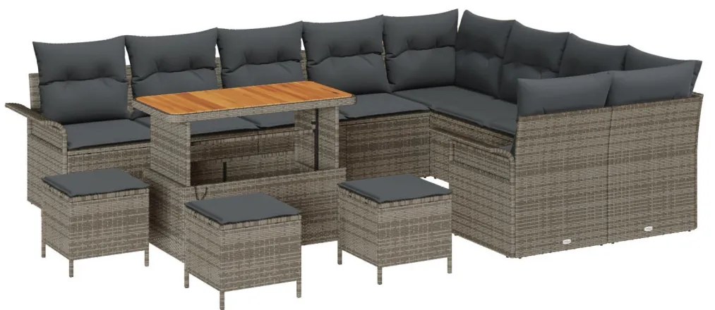 12 részes kerti kanapé szett párnázattal Szürke Poly rattan Akác, 2 fős kerti kanapé tárolóval és párnázattal Szürke Poly rattan, 3 részes kerti étkező szett párnázattal Szürke Poly rattan Akác