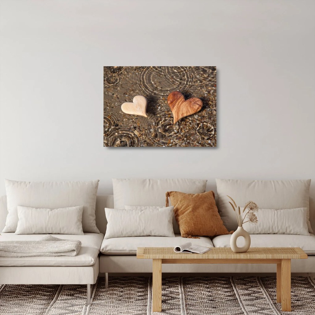 Üveg kép - Fából készült szívek (70x50 cm)