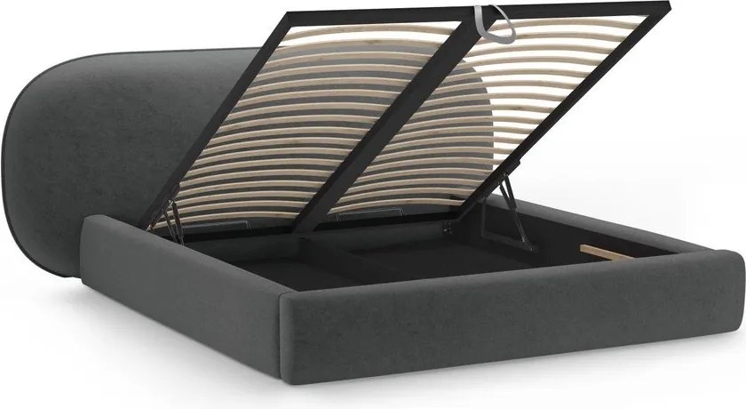 Sötétszürke kárpitozott ágyneműtartós franciaágy ágyráccsal 200x200 cm Ovalo – Micadoni