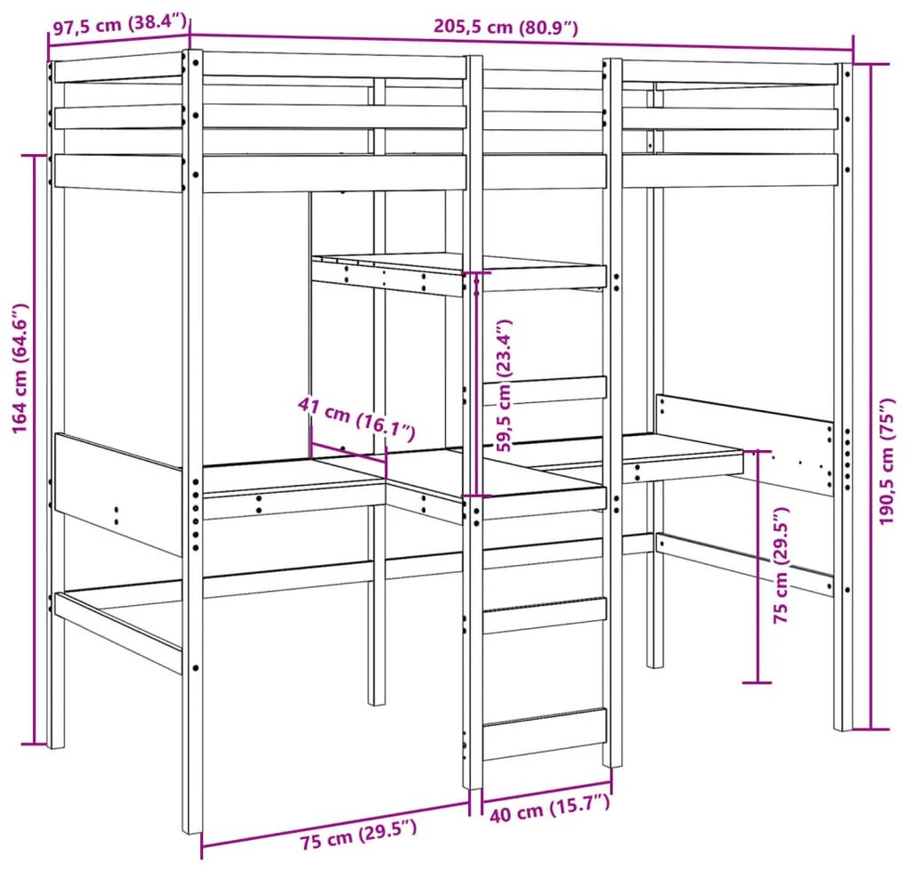 fehér fenyő galériaágy-keret asztallal és polcokkal 90 x 200 cm