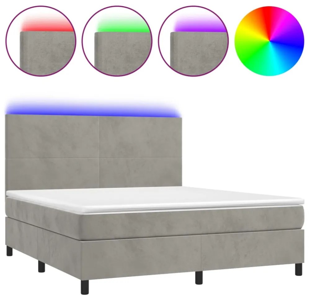 világosszürke bársony rugós és LED-es ágy matraccal 180x200 cm