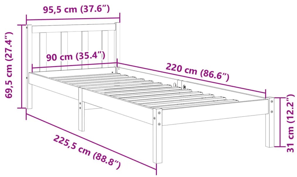 fehér tömör fenyő extra hosszú ágykeret matrac nélkül 90x220 cm