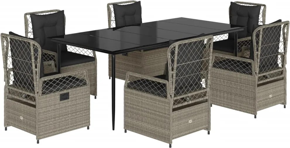 vidaXL 7 részes világosszürke polyrattan kerti étkezőszett párnával