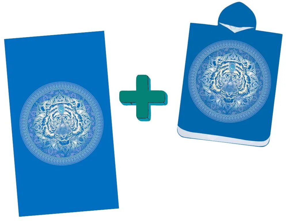 Strandkészlet TIGER – Fürdőlepedő 100×180 cm és poncsó 80×145 cm, kék