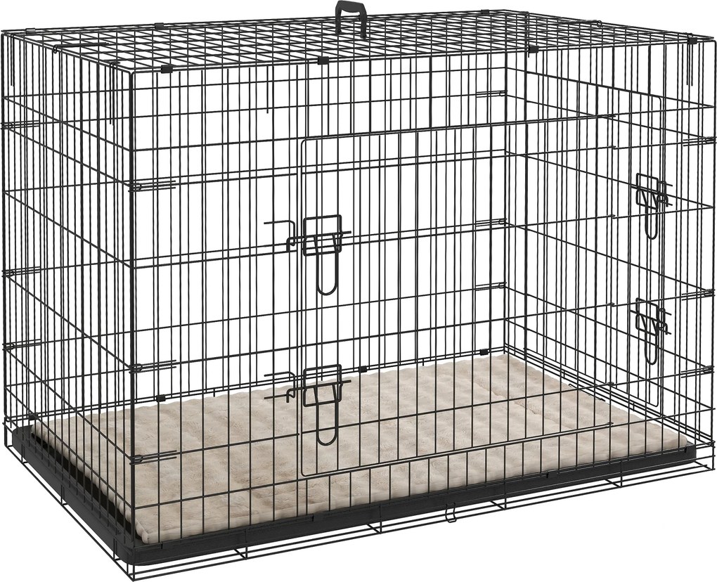PawHut Kutyaketrec, Összecsukható Kutyaszállító Ketrec 2 Ajtóval, Leszedhető Tálca, Mosható Puha Ágy, Acél Váz, 105 x 70 x 75 cm, Fekete | Aosom