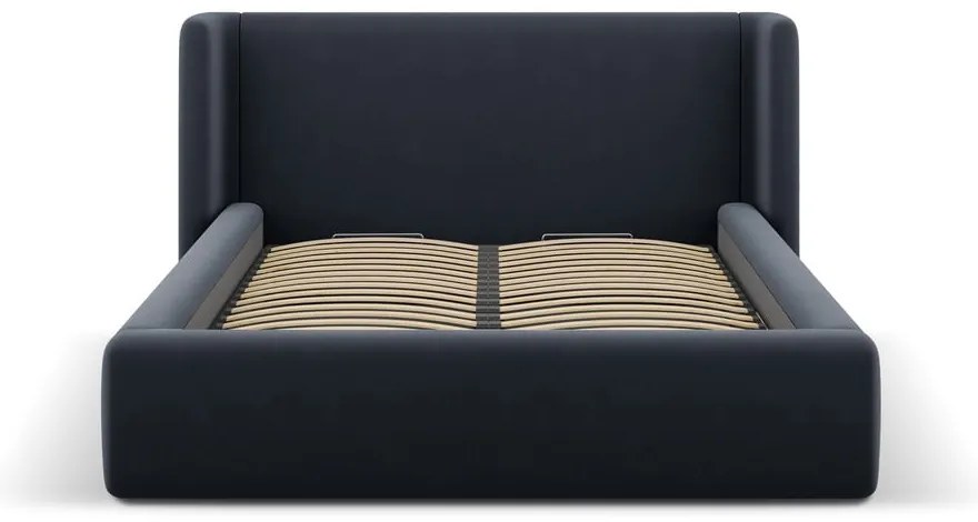 Sötétkék kárpitozott ágyneműtartós franciaágy ágyráccsal 200x200 cm Jason – Windsor & Co Sofas