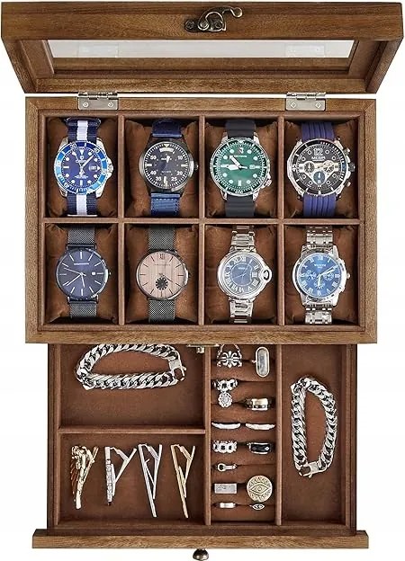 Songmics óratartó doboz 8 rekesszel, fa, üveg fedéllel