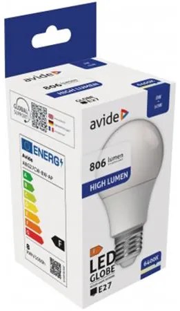 LED izzó, E27, gömb, A60, 8W, 806lm, 6400K, AVIDE (AVLED011)