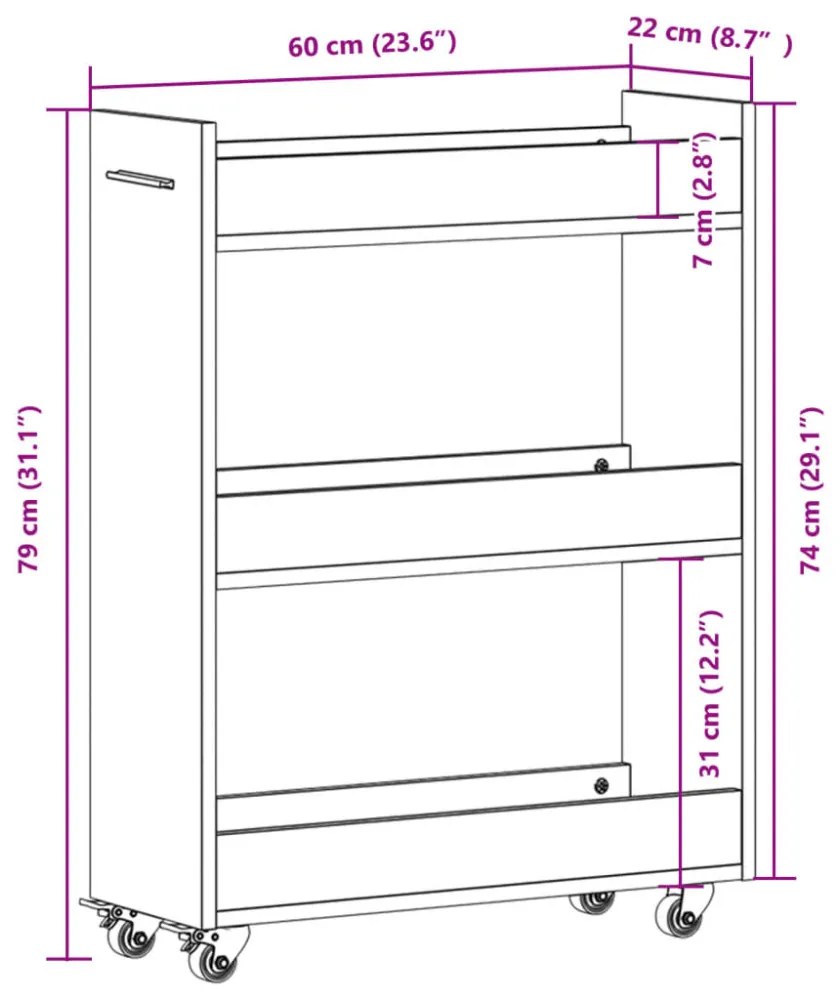 betonszürke szerelt fa szekrény kerekekkel 60 x 22 x 79 cm