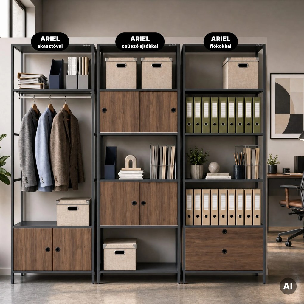 Irodai polc nyitott ruhaakasztó rúddal, recepcióra és váróterembe, fém, antracit/dió, 800x2200x400 mm: ARIEL Eco Design