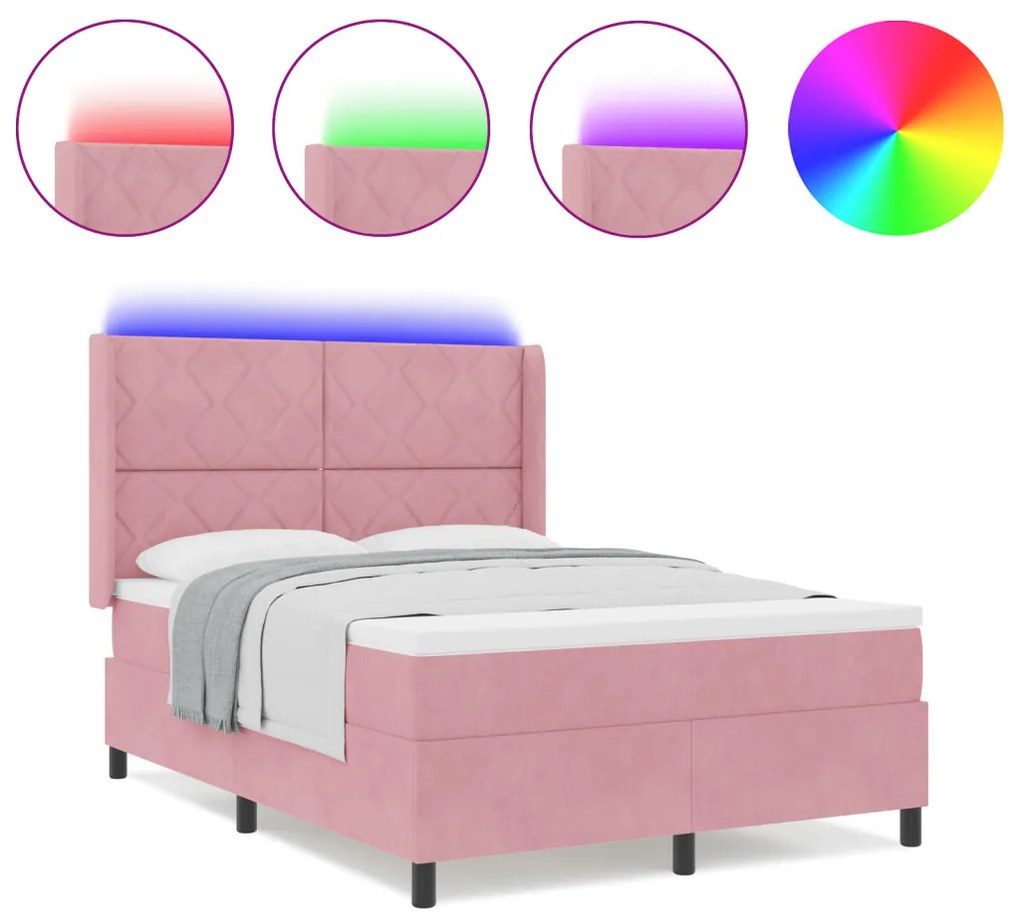 Box Spring Ágy Matraccal &amp; LED rózsaszín 140x190 cm Bársony