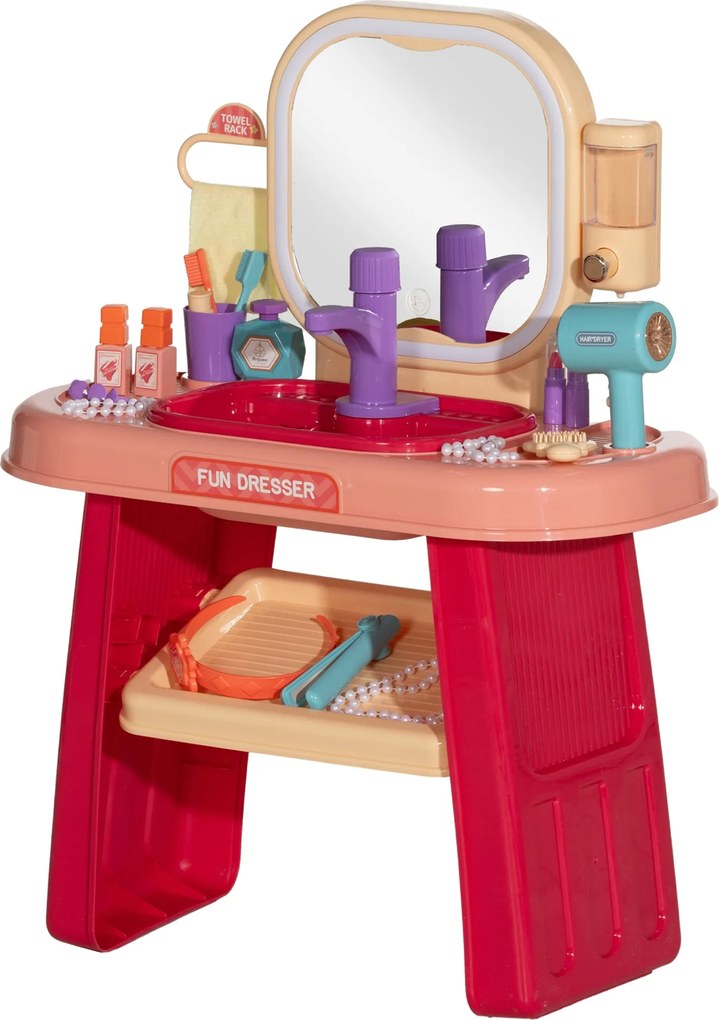 AIYAPLAY Gyermek Sminkasztal Készlet 23 Rész, LED Tükrös Asztal Fénnyel észenével, 3-6 Éves Gyermekeknek, Rózsaszín | Aosom