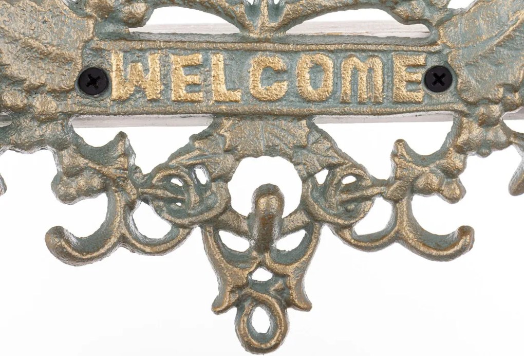 Öntöttvas patinás arany-kék kacskaringós borostyán leveles felületre szerelhető welcome tábla 17,5x19x2cm