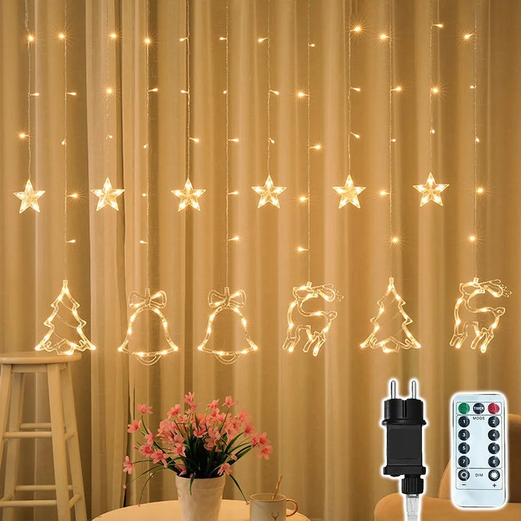 Fényfüggöny Led Karácsonyfa Fényfüzér Csengő Rénszarvas Fehér Meleg