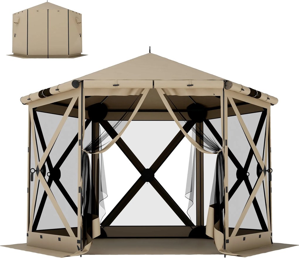 Outsunny 3,00 m x 2,60 m hatszögletű pavilon padlószőnyeggel, hálós oldalfalakkal és hordtáskával — vízálló, UV-védelemmel, keki | Aosom