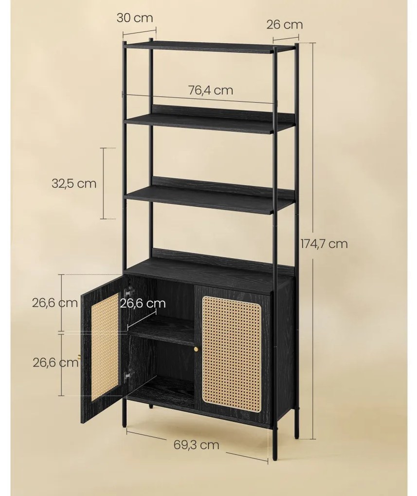 Könyvespolc, 2 rattan hatású ajtóval, fém kerettel, fekete 76x30x174cm