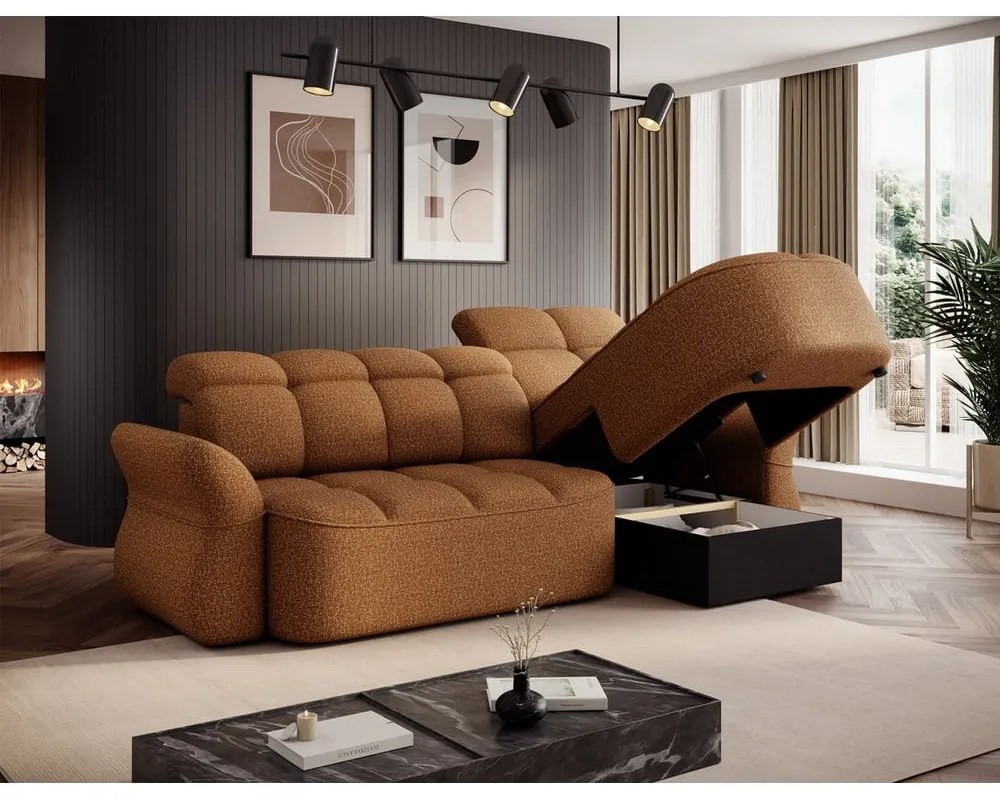 Sárga-barna bársony kinyitható-tárolóhelyes sarokkanapé (jobb oldali-heverő résszel) Beneth – ELTAP