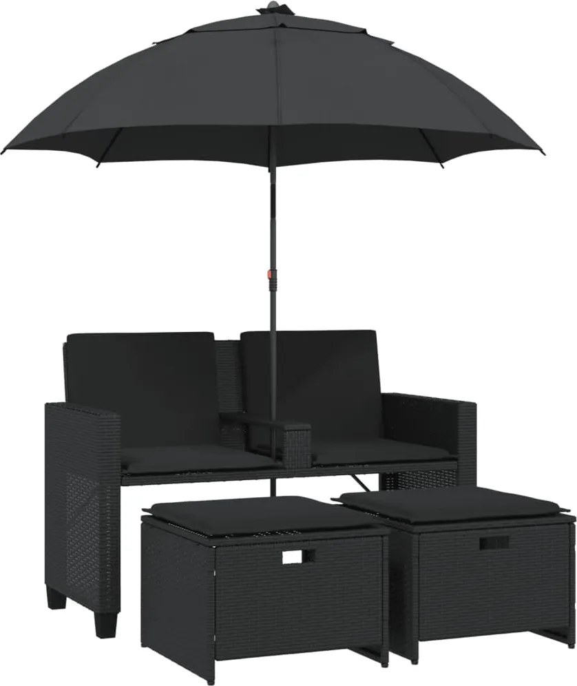 vidaXL 2 személyes fekete polyrattan kerti kanapé napernyővel/székkel
