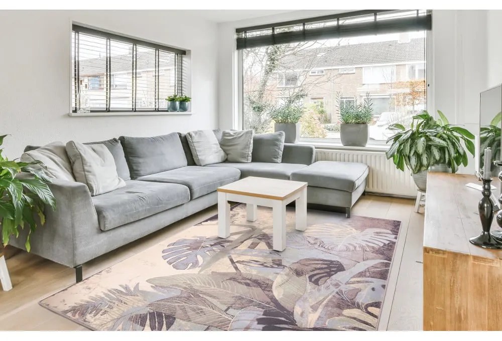 Szürke-krémszínű gyapjú szőnyeg 160x240 cm Plants – Agnella