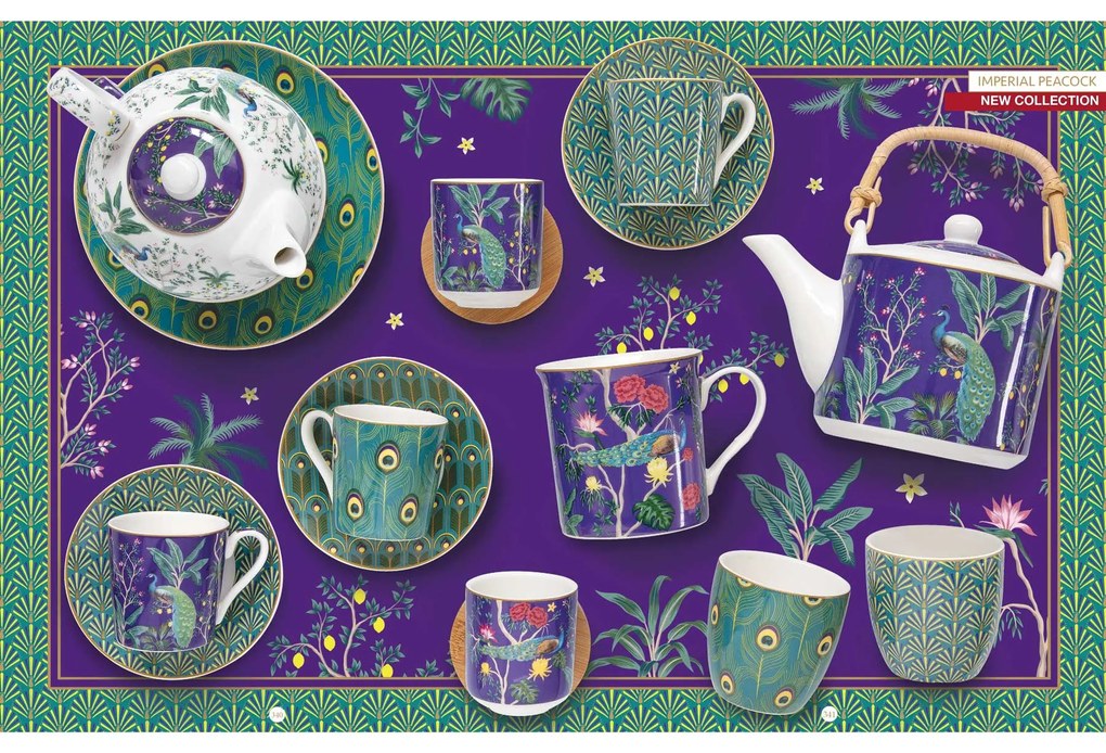 Páva mintás porcelán teás bögre szűrővel tetővel szett Imperial Peacock Coffee Mania