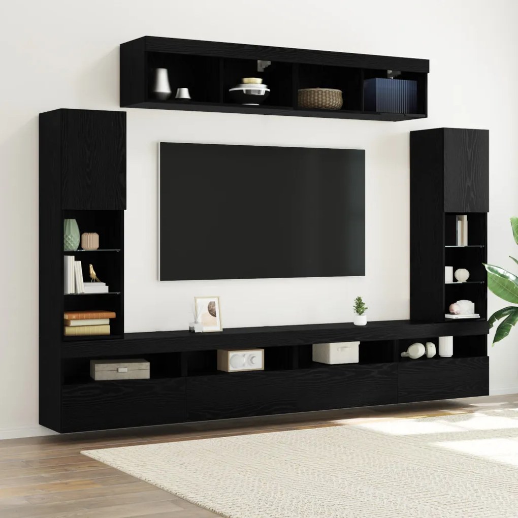 8 darabos TV faliszekrény LED világítással fekete tölgy MDF anyagból