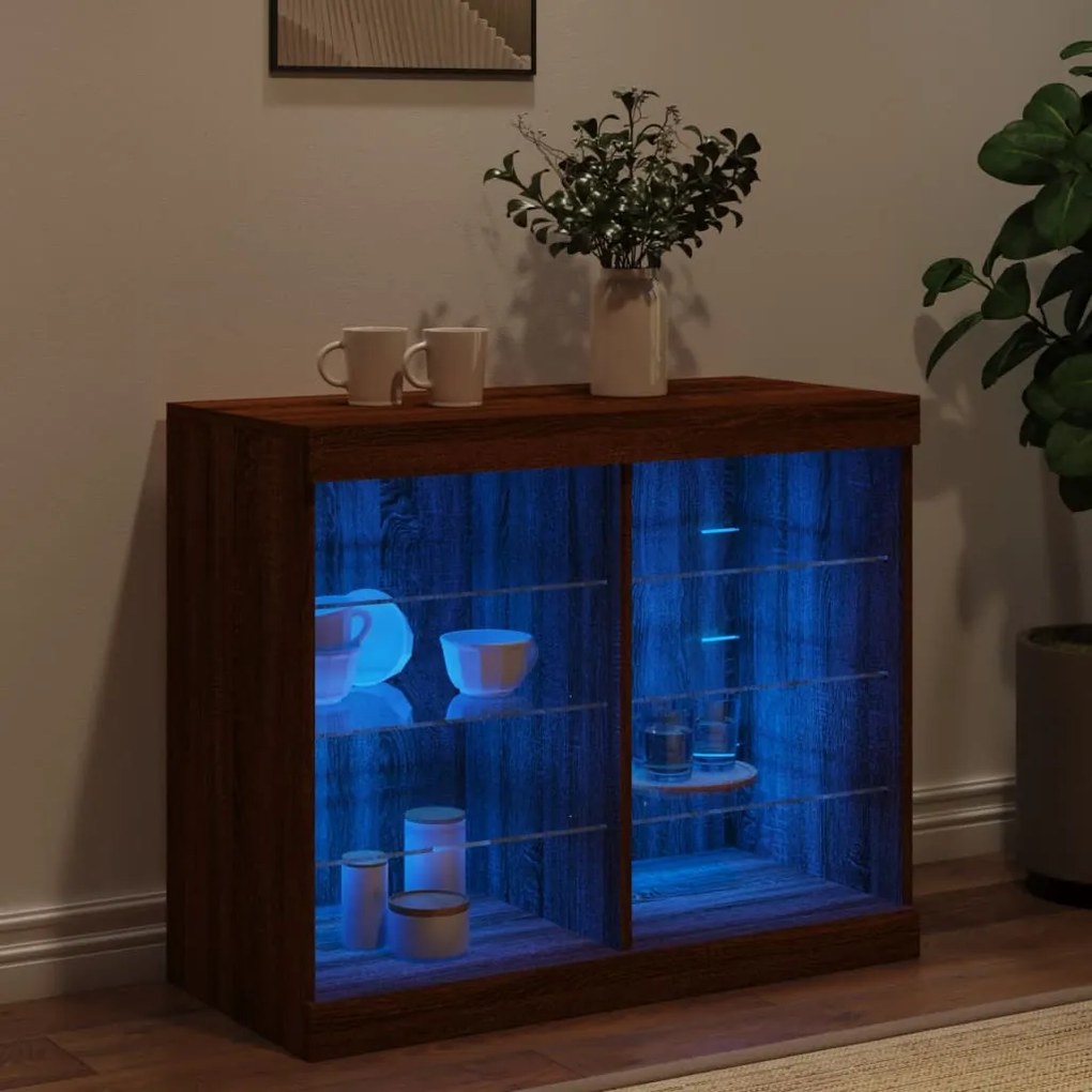 barna tölgy színű tálalószekrény LED-ekkel 81 x 37 x 67 cm