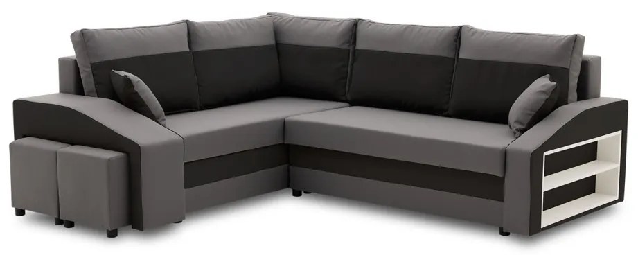 Grande sarokkanapé polcokkal és puffokkal , polc a jobb karfaban puffok a bal karfaban, baloldali, szövet anyag, hab töltet, szürke - fekete