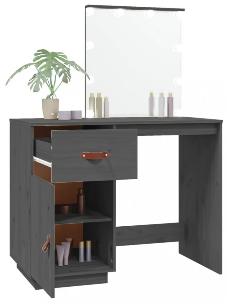 szürke tömör fenyőfa fésülködőasztal LED-del 95 x 50 x 133,5 cm