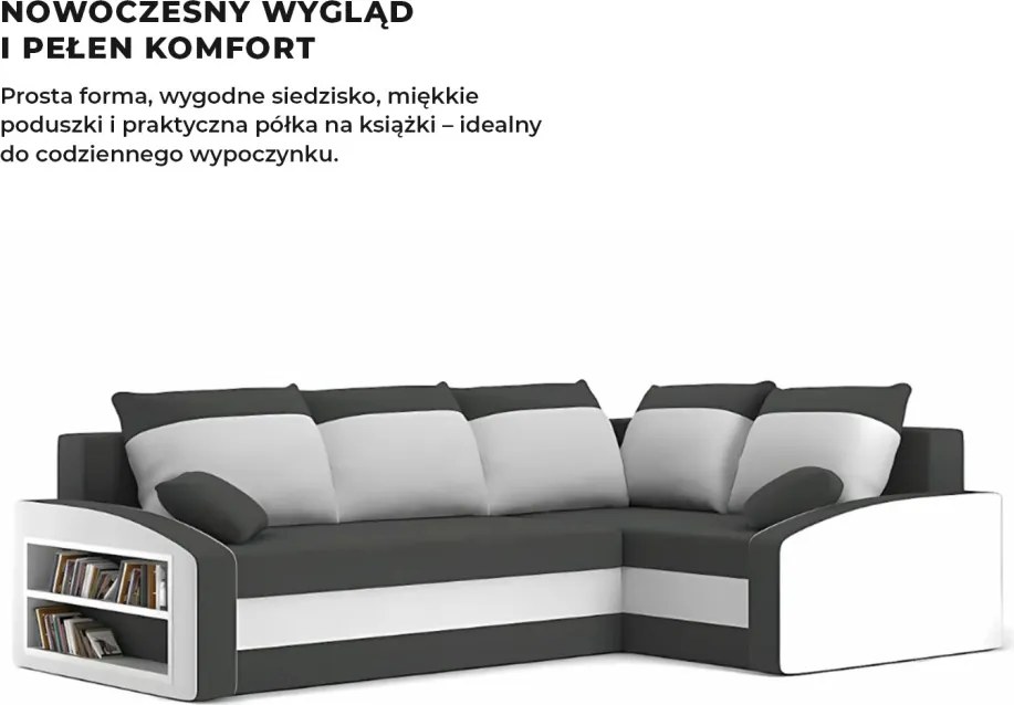 Grande sarokkanapé polcokkal , polc a bal karfaban, jobboldali, szövet anyag, hab töltet, szürke - fehér