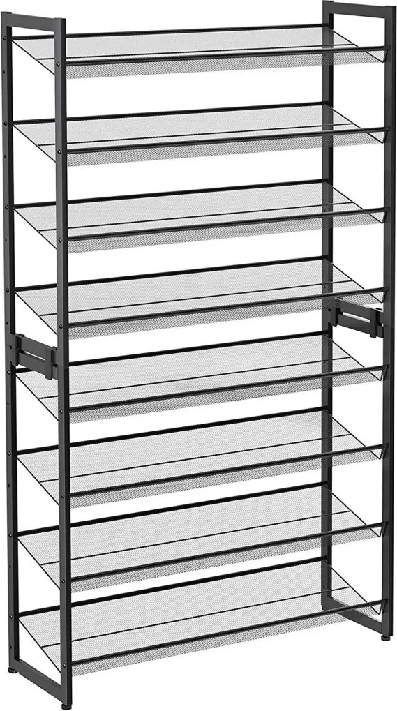 Cipőtartó polc 2x4 szintes fém háló polcokkal, fekete 92x30x163cm