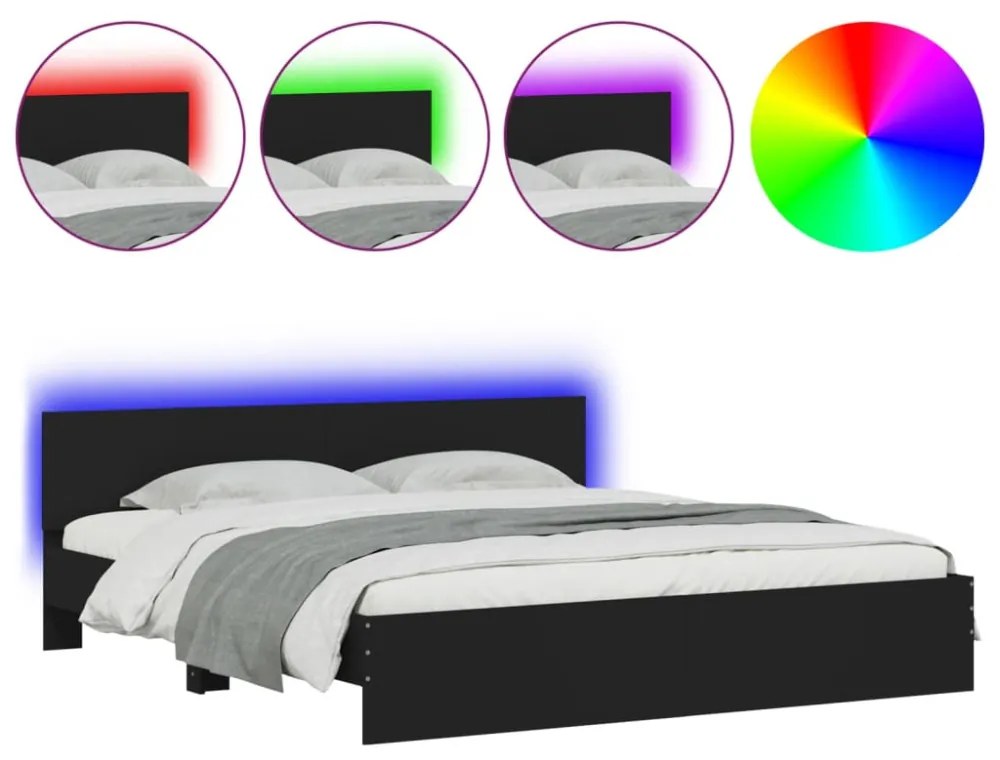 fekete ágykeret fejtámlával és LED-del 180 x 200 cm