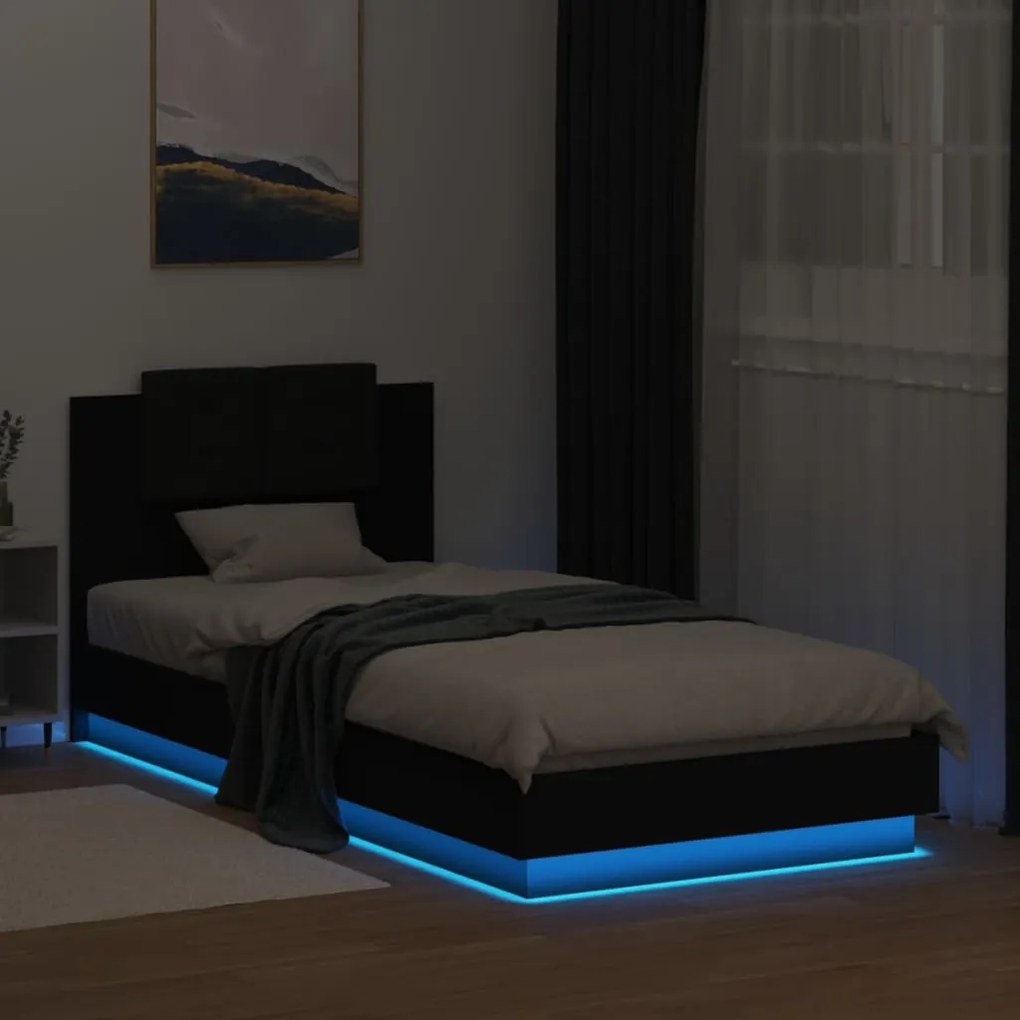fekete ágykeret fejtámlával és LED-világítással 100 x 200 cm