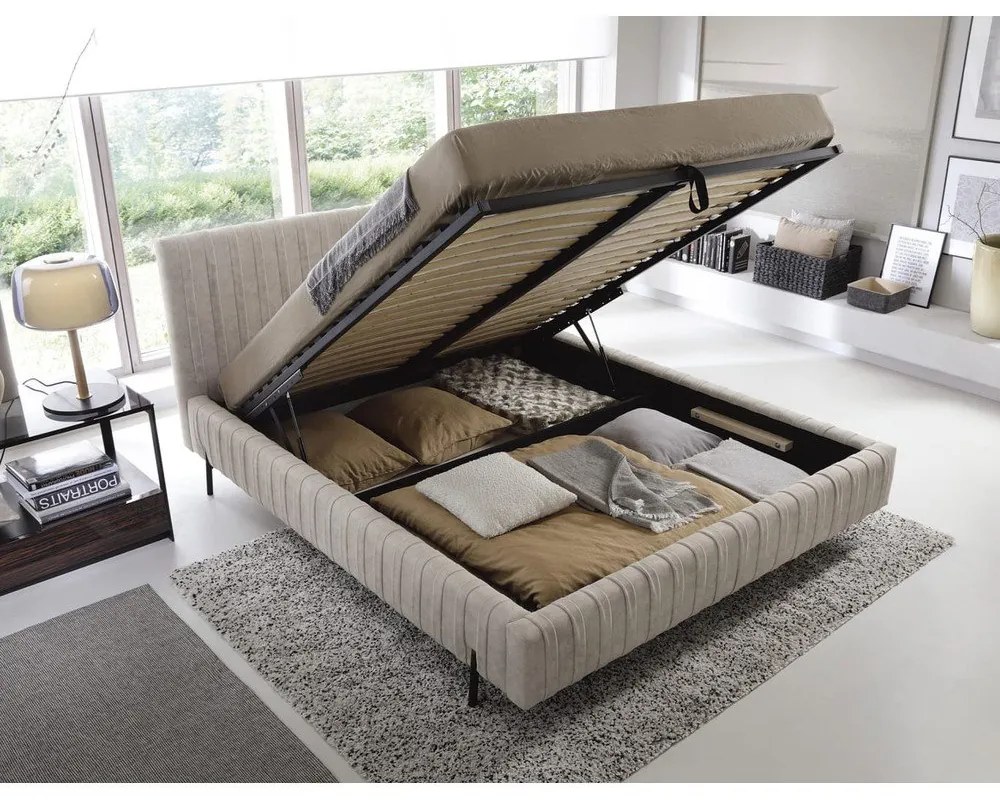 Bézs kárpitozott ágyneműtartós franciaágy ágyráccsal 140x200 cm Plissa – ELTAP