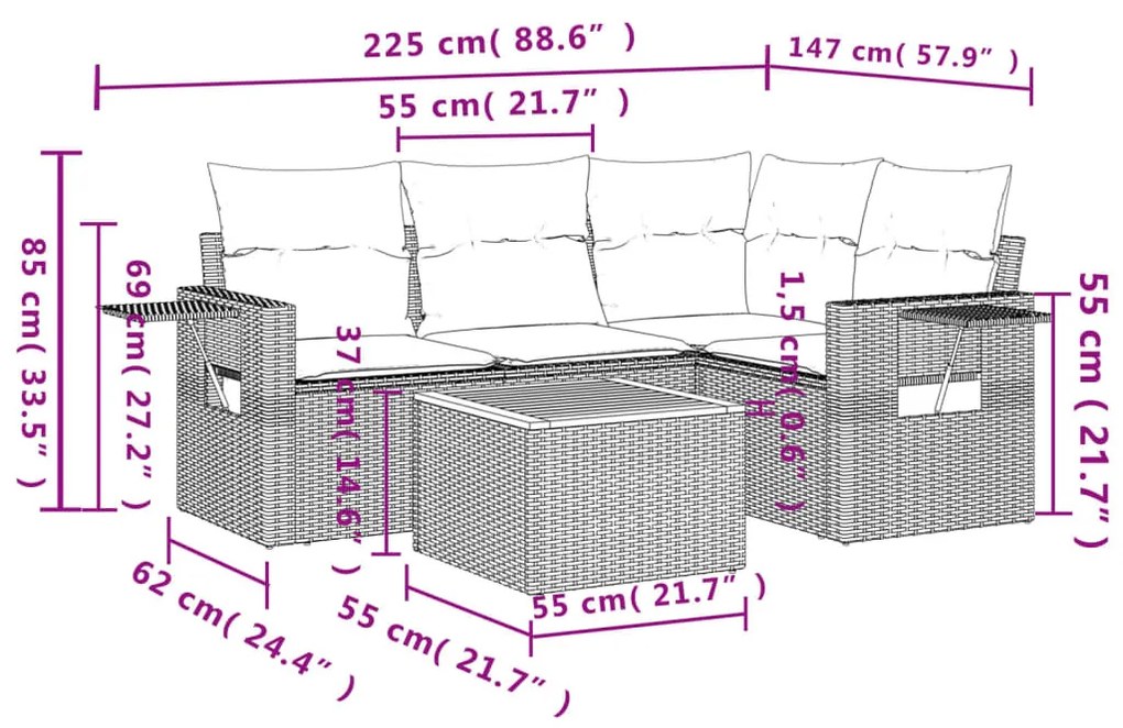 5 részes fekete polyrattan kerti kanapészett párnákkal