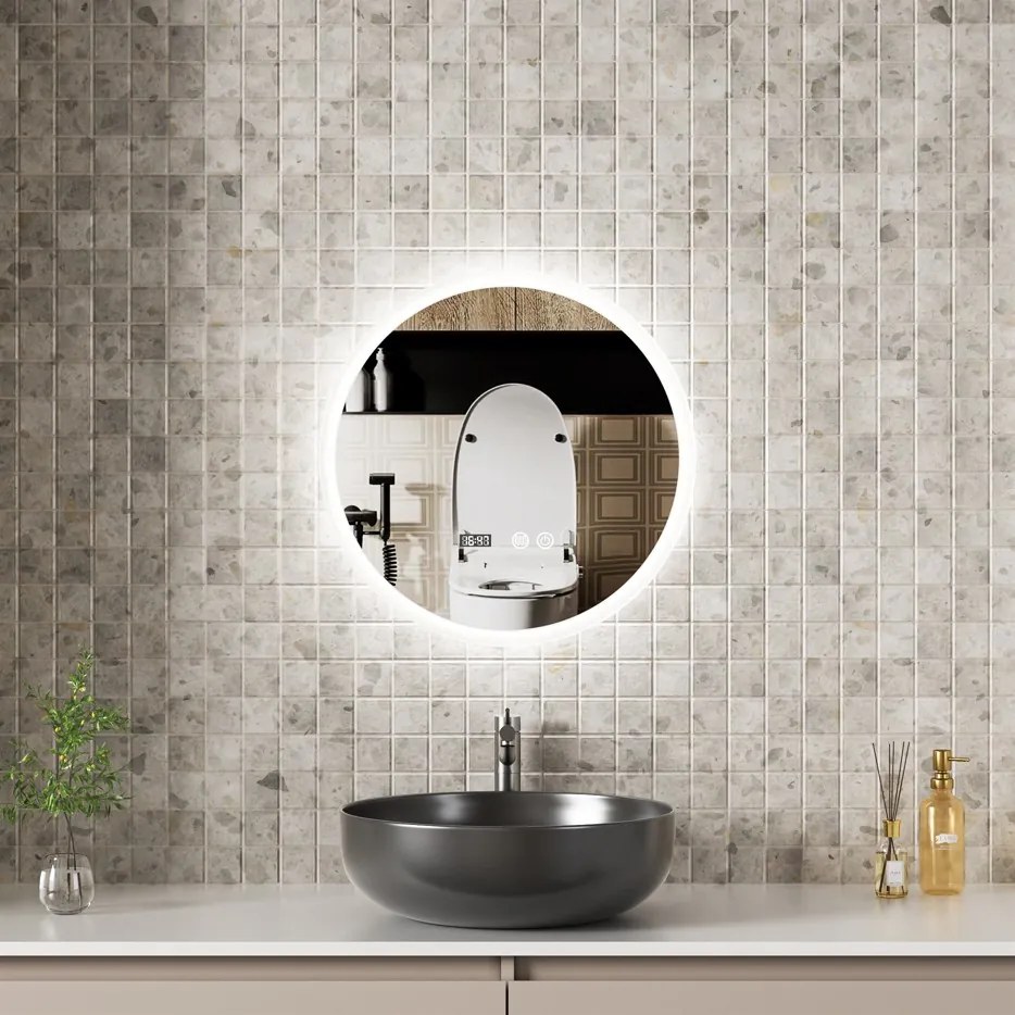 Erga Deam, kerek LED-es tükör 50cm, 3 színű fény, első világítás, páramentesítő fűtőbetét, ERG-V01-Deam-5050-CL