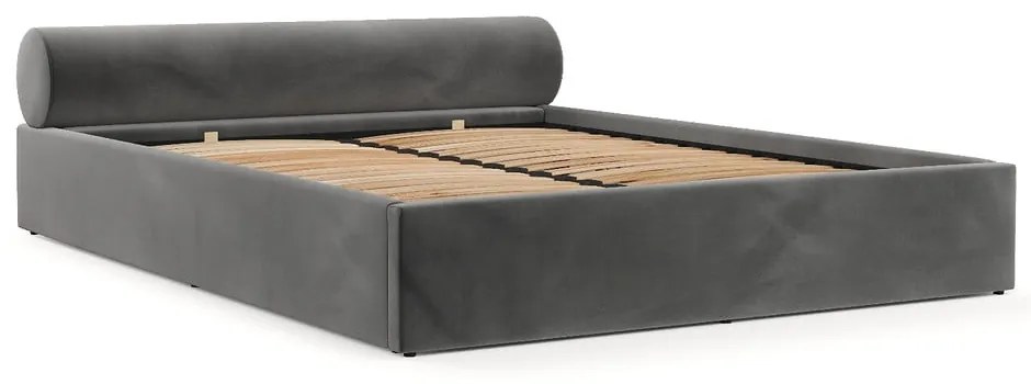 Sötétszürke kárpitozott ágyneműtartós franciaágy ágyráccsal 200x200 cm Solvo – Maison de Rêve