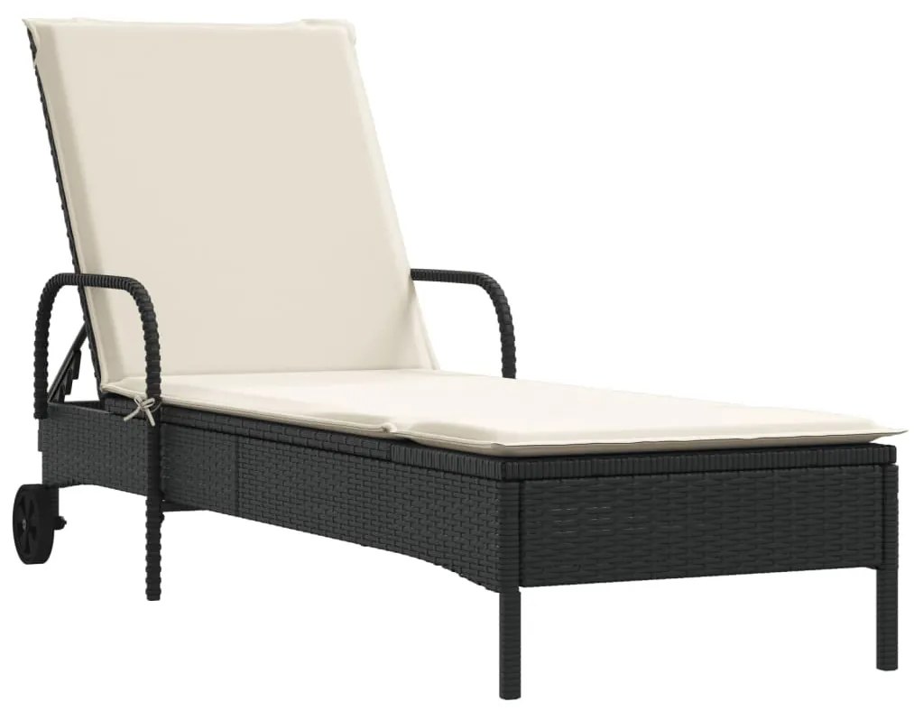fekete polyrattan napozóágy kerekekkel és párnával