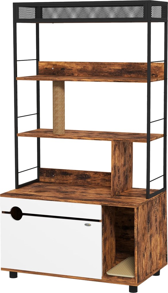 PawHut 2 az 1-ben Macska WC Szekrény, Macska WC 3 Szintes Polccal, Kaparóoszlop, Lengő Ajtó, Macska Ház 6 kg-os Macskák Számára, 80 x 48 x 152 cm, Rus